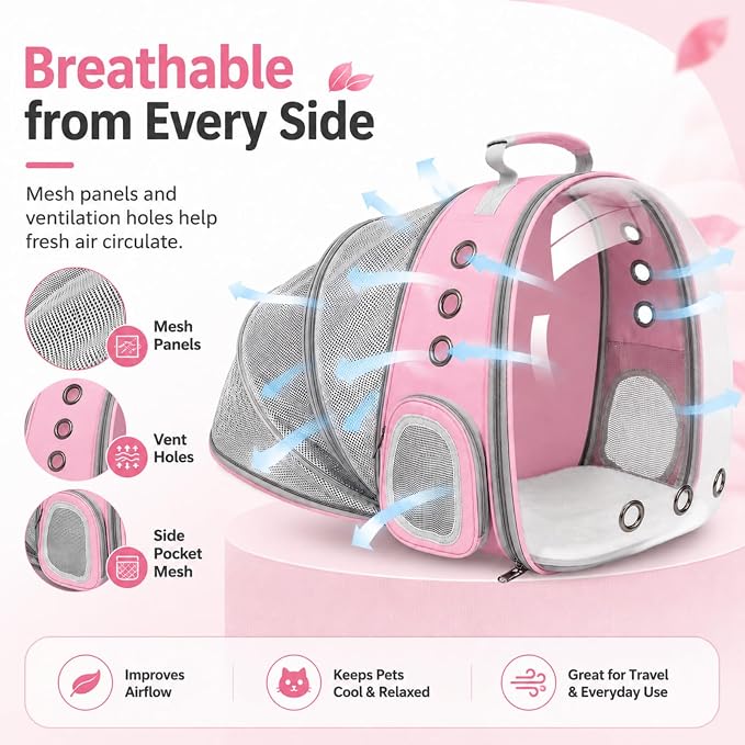 Expandable Cat Carrier Backpack for Cats & Dogs, Bubble Window Pet Travel Backpack with Breathable Mesh, Anti-Collapse Structure, Side Door, Safety Leash, for Vet Visits, Hiking, Outdoor, Pink