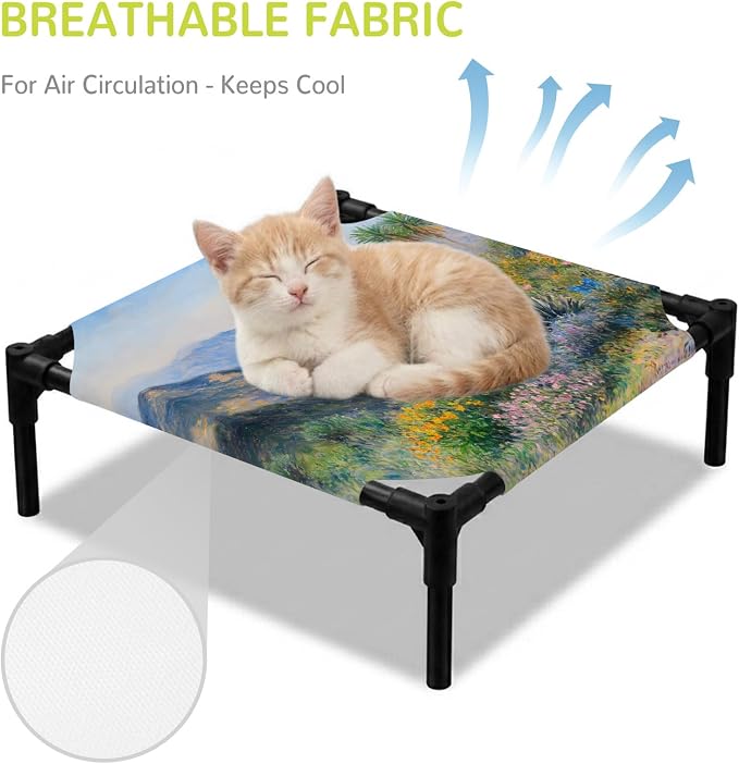 Outdoor Elevated Dog Bed for Small Dogs, Tropical Mountain Breathable Cooling Raised Dog Cot for Indoor/Outdoor, Farmhouse Nature Trees Flowers Blue Sky Waterproof Elevated Pet Beds, S 20 x 20 in