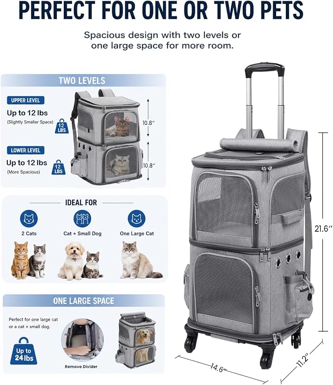 Double-Compartment Cat Carrier Backpack with Wheels for Two Pets | 2-in-1 Pet Rolling Carrier for Smalls Cats and Dogs, Perfect for Traveling / Walking/ Vet, Up to 12 lbs each, Grey