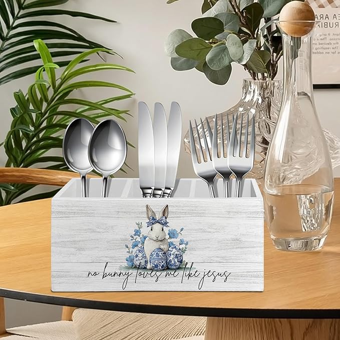 Easter Bunny Decor, Chinoiserie Christian Easter Bunny Pen Pencil Holder Organizer for Desk Accessories, Blue and White Floral Rabbit Wooden Box Sign Desk Decor for Home Office Decoration