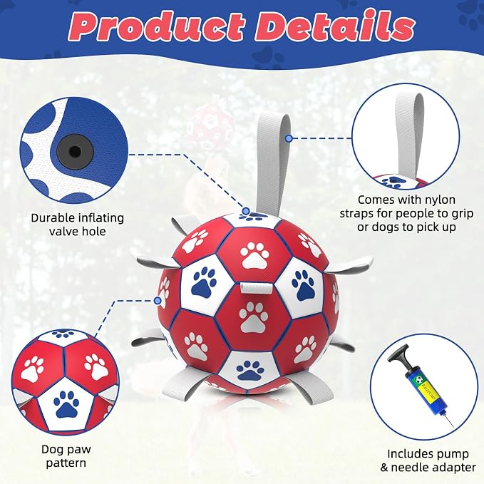 Diman Dog Toy Balls for Large Dogs, 7 Inch Soccer Ball for Dogs with Straps, World Cup Herding Ball for Outdoor Fun, Pet Birthday Gifts, Durable Dog Balls for Medium Large