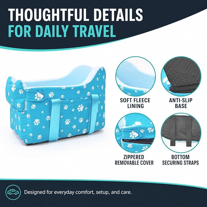 Center Console Dog Car Seat for Small Dogs Under 15lbs,Detachable Washable Booster Pet Car Seat Travel Bed with Storage Pockets and Seat Belt(Blue)