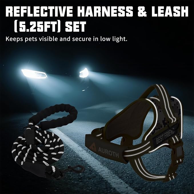 AUROTH Dog Harness and Leash Set for Large Sized Dog, No Pull Dog Vest | with Leash Clips, LED light clip, Soft Padded No Choke, Escape Proof, Easy Walking and Training, Desert Camo, XL