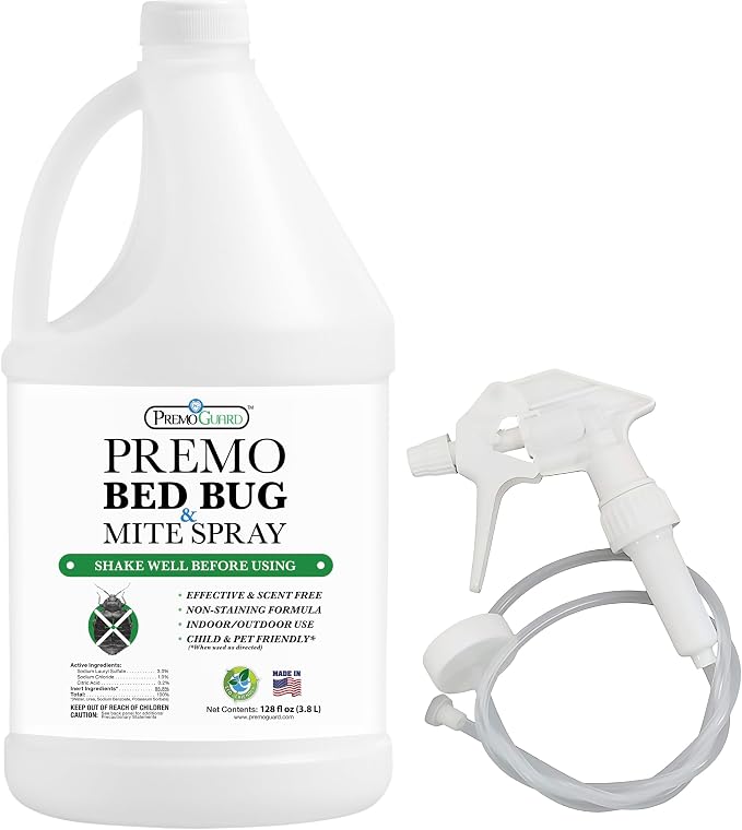 Premo Guard Bed Bug & Mite Killer Spray - 100% Kill Rate Formula, 128 oz | University Tested, Safe for Bedding, Furniture, Fabrics, and Clothing, Non Toxic, Stain & Scent Free, Child & Pet Safe