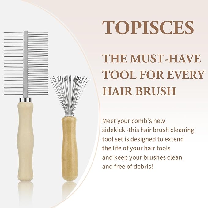 2-Pack Dual-Sided Hair Brush Cleaning Tool - Mini Cleaner Comb with Wooden Handle for Removes Hair & Buildup from Boar Bristle, Paddle, Detangling & Styling Brushes