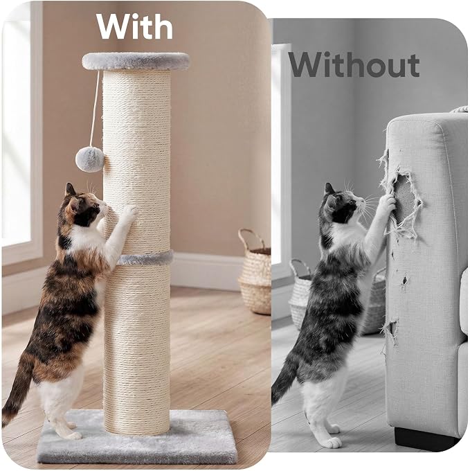 PAWSCRAT Cat Scratching Post 32" Tall, 5-Inch Diameter Natural Sisal Cat Scratch Post with Dangling Ball for Indoor Cats, Scratch-Resistant Durable and Protect Your Furniture, LightGrey