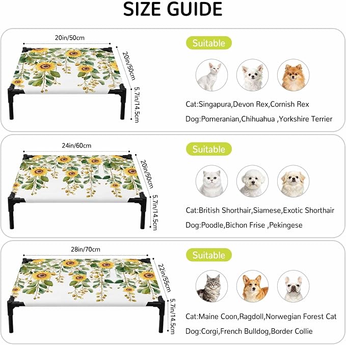 Outdoor Elevated Dog Bed for Small Dogs, Hanging Floral Breathable Cooling Raised Dog Cot for Indoor/Outdoor, Spring Botanical Sunflower Green Leaves Waterproof Elevated Pet Beds, S 20 x 20 in