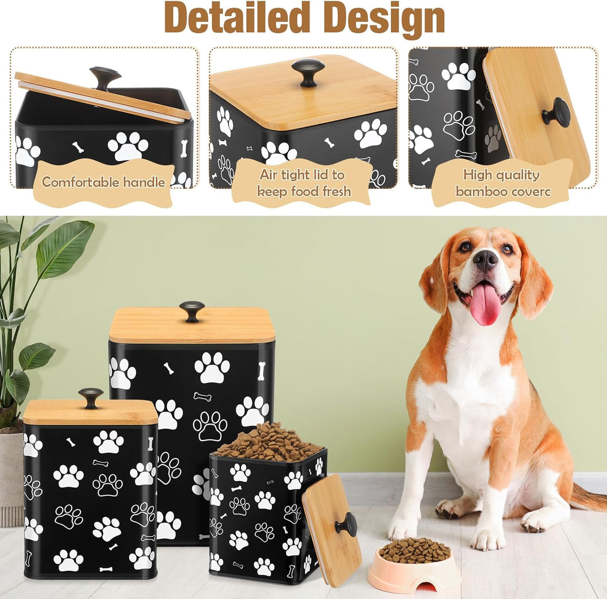 3 Pack Airtight Dog Food Containers with Bamboo Lids, Metal Dog Treat Jars Canisters for Kibble, Biscuits, Snacks, Cookies, Pet Food Storage Set for Kitchen Counter(Black)