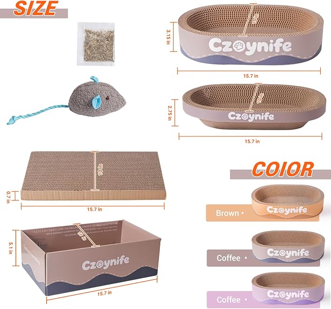 3PCS Cat Scratcher Cardboard, Oval Cat Scratch Pad Bowl Nest for Indoor Cats, Round Cat Scratching Board Corrugated Lounge Cat Bed, Furniture Protector for Couch (Coffee, 15.7 * 10 in)