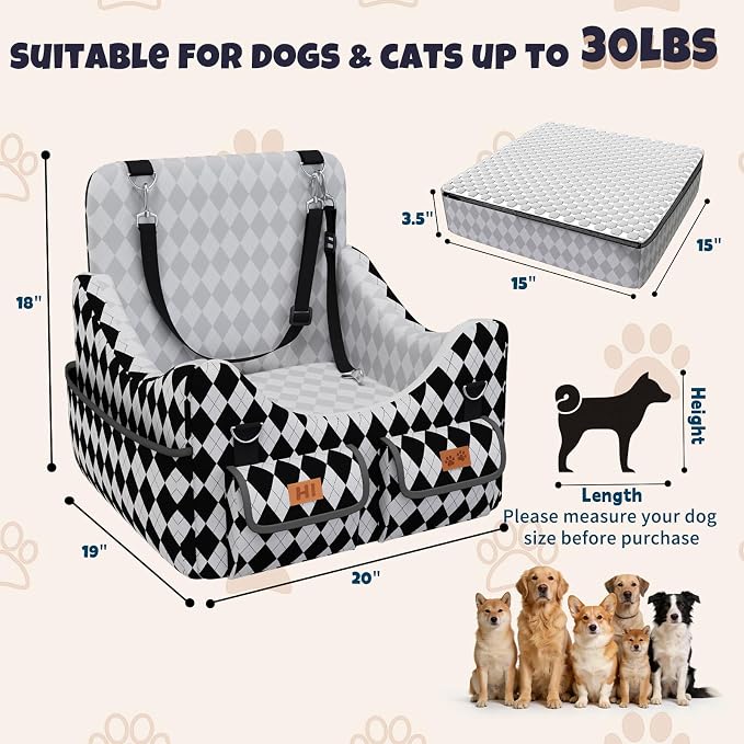 Dog Car Seat for Small/Medium Dogs up to 35lbs, 4-Pocket Storage Memory Foam Dog Booster Seat, Detachable Washable Pet Car Seat with Safety Belt, Outdoor & Indoor Use (Black/White)