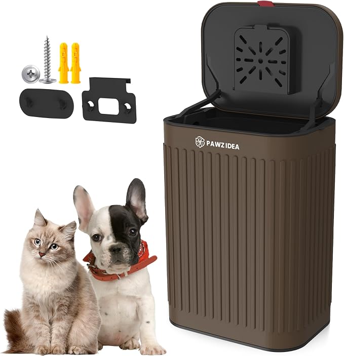 PAWZIDEA Wall Mount Dog Poop Trash Can Outside, 2.1 Gallon Small Dog Waste Bin with Lid, Activated Carbon Odor Control, Waterproof Metal Pet Waste Disposal Container, Fence Hang Poop Proof Garbage Can