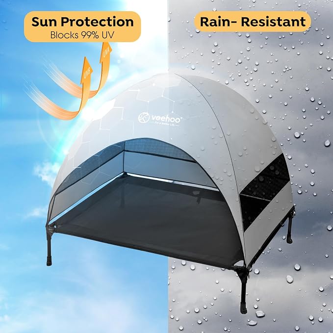 Veehoo Outdoor Dog Bed with Canopy, Cooling Elevated Dog Shade for Outside | Portable Raised Dog Cot with Removable Shade, Sun Protection Dog Tent Outdoor for Camping, Beach, 42" x 34.5", Black