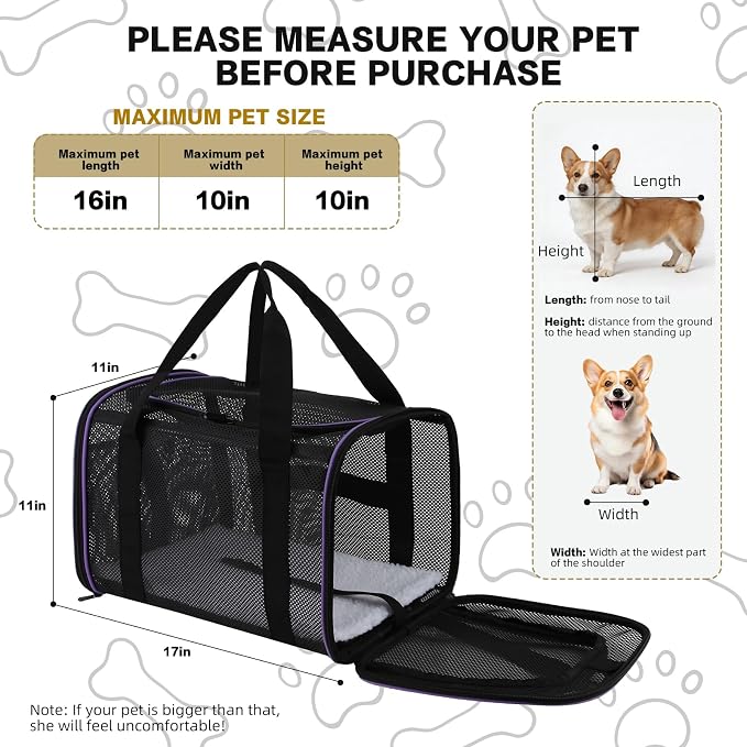 Cat Carrier, Soft-Sided Pet Carrier Bag, Breathable Mesh, Black (Purple, 17 * 11 * 11)