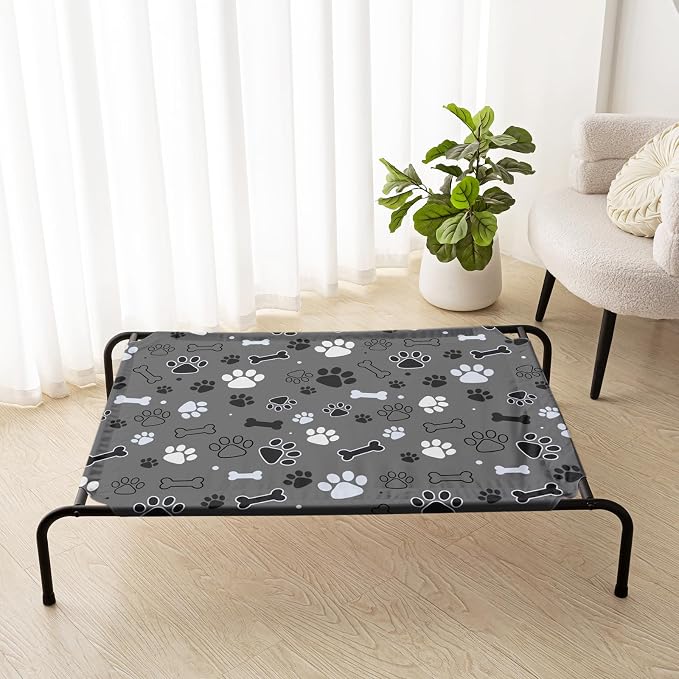QOOMO Elevated Dog Bed with Cooling Fabric, Pet Cot for Small and Big Dogs, Indoor and Outdoor Use, Joint Relief, Cute Printed Cushion Included (Black Paw Prints, 47.24" L*31.89" W*9.45" Th)