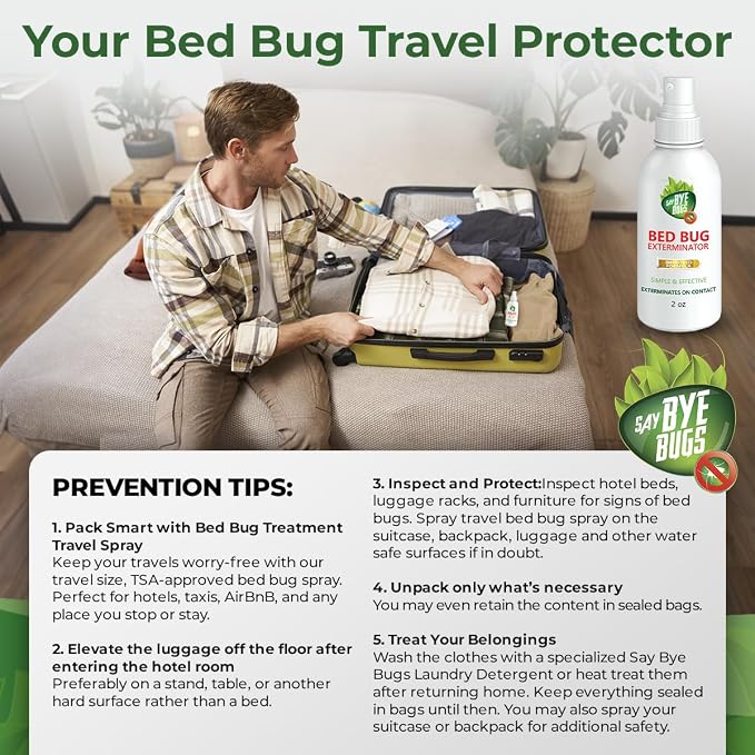 Say Bye Bugs Bed Bug Spray Travel Size- Non-Toxic and Kills on Contact. Stain & Odor Free Bed Bug Spray. New Formula for Getting Rid of Bed Bugs Permanently (2 oz) TSA Approved Size-Travel Must Haves
