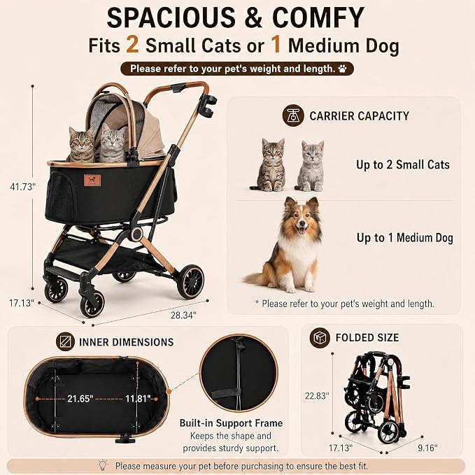 6-in-1 Cat Stroller for Cats & Small Dogs, Foldable Travel | Luxury Brown Pet Stroller, Detachable Carrier, Foldable Dog Stroller for Small Dogs, 360° Wheels, Frame Supports up to 50 lbs