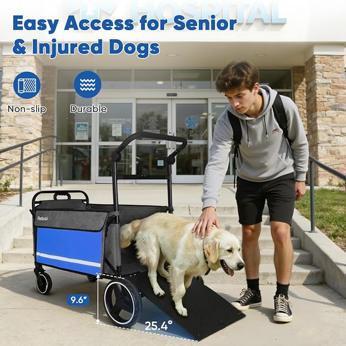 Petbobi Dog Wagon for Large Dogs, Push & Pull Foldable Pet Cart with Ramp | Fits Medium & Heavy Breeds Up to 80 lbs, 360° Swivel Stroller Wheels, Adjustable Handle, Foot Brake, Safety Leashes, Blue
