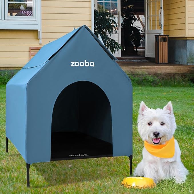 Zooba 29in Medium Dog House Outdoor, Elevated Dog Bed with Canopy, Blue | Weather-resistant 600D PVC canopy, breathable 2x1 Textilene elevated bed, steel frame; indoor or outdoor; easy to clean