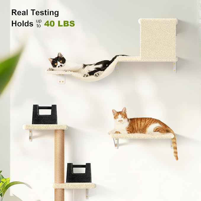 FUKUMARU Cat Wall Shelves, Stable & Safe 7 in 1 Cat Furniture Set, Wooden Climbing Wall with Scratching Post for 16 Inch Drywall - Beige