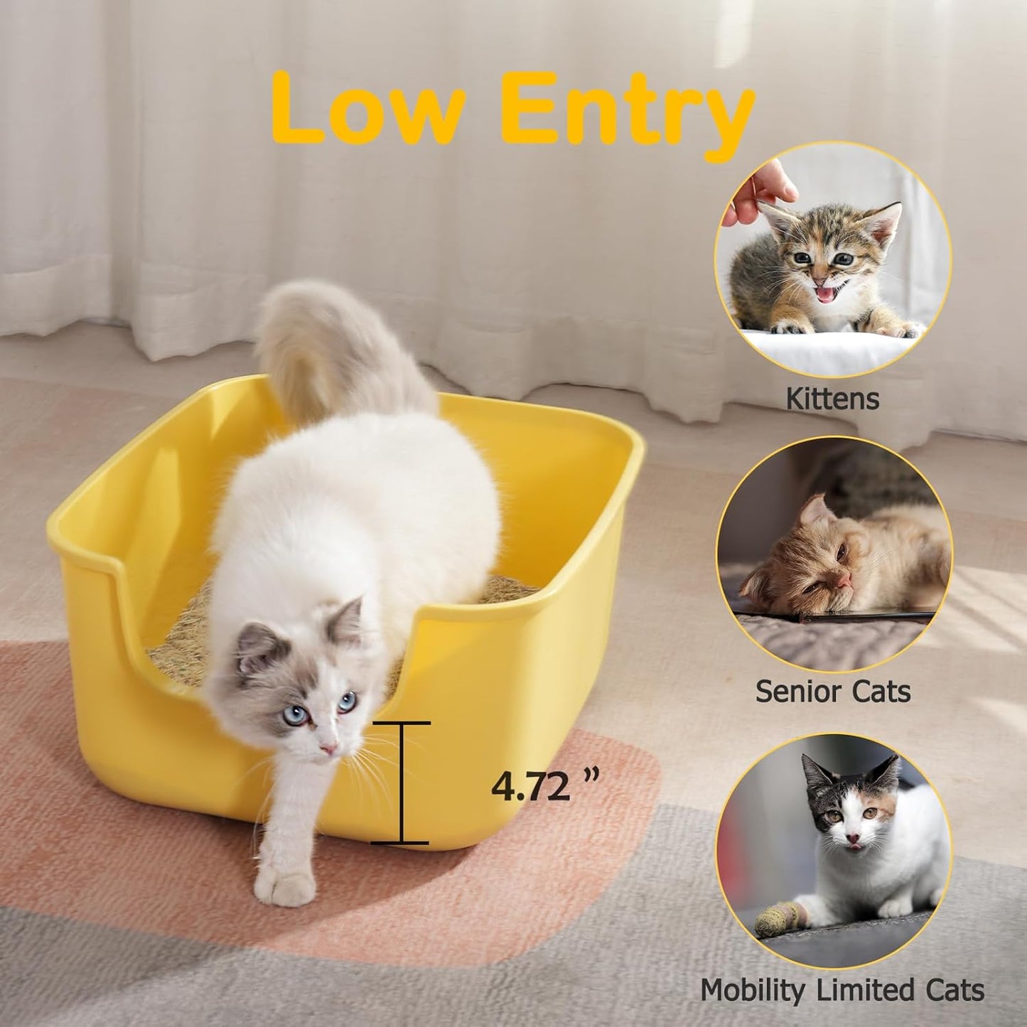 Large Cat Litter Box with High Sides,Cat Boxes for Indoor Cats,Cat Litter Pan for Kitty,Litter Box with Low Entry,Easy to Clean,Anti-Splashing (White)