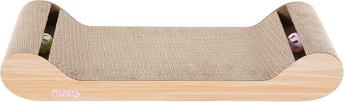 Rini 23.75" Modern Corrugated Cardboard Lounge Bed with Built-in Bell Toys and Catnip, Ergonomic Curved Sofa Scratcher for Indoor Cats, Oak Wood Finish, (Set of 2) CSR1003C-SET2