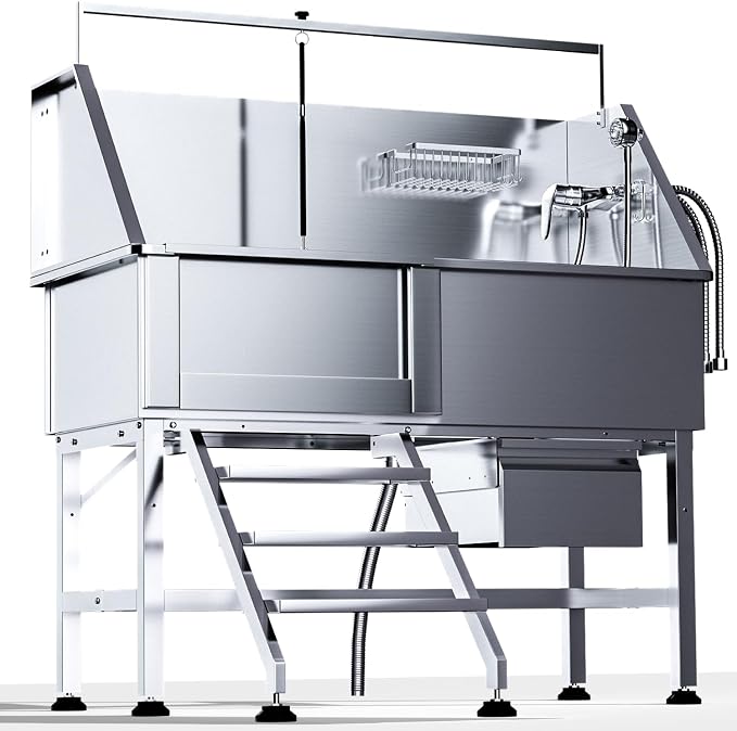 46" Dog Wash Station, 304 Stainless Steel, Side Stair, 440 lb | Storage Drawer, pet grooming tub, hot cold faucet, fixed sprayer, shampoo dispenser, S-trap, hair filter, garage outdoor use