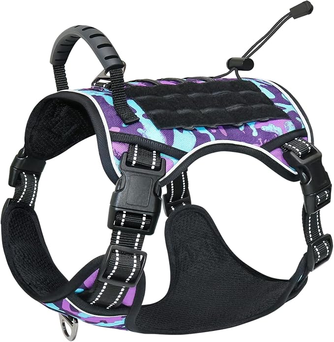 Tactical Dog Harness No Pull,Service Dog Vest with Handle,Purple Camo, XL | Adjustable Military,Reflective ＆ Molle Loop Panels, for Medium Large Size Dogs for Training Walking Running