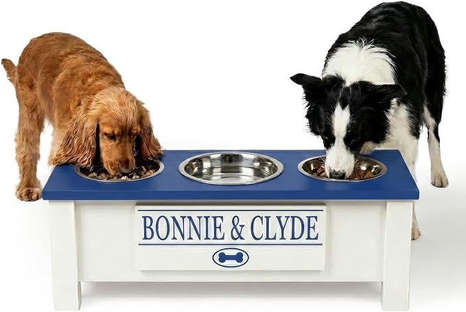 3 Bowl Dog Feeding Station, Personalized Triple Bowl Food Stand Medium Dogs | Farmhouse Style, Elevated Wood Stand, Storage Container, Stainless Steel Bowls, Raised Anti-Slip Feeder, Made in USA