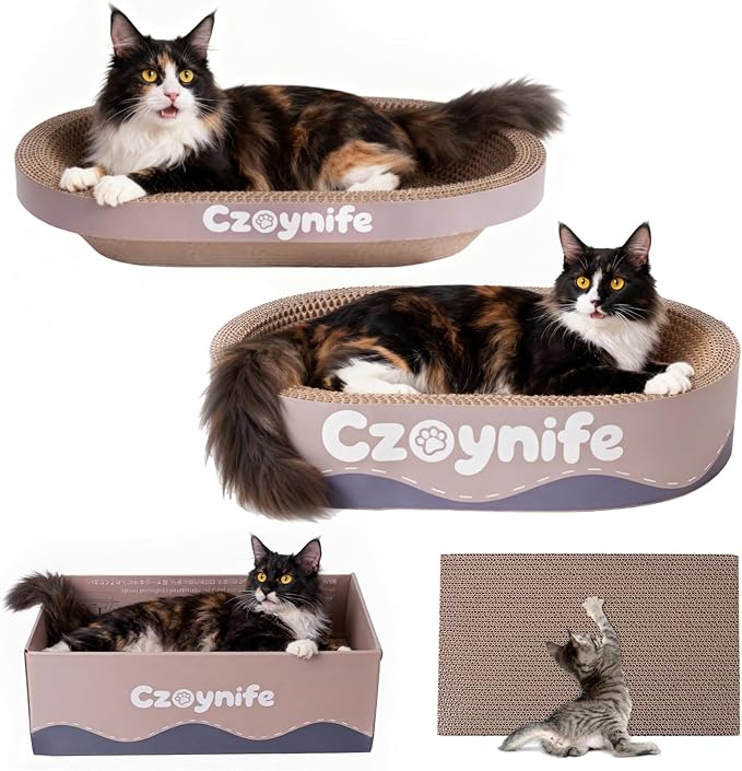 3PCS Cat Scratcher Cardboard, Oval Cat Scratch Pad Bowl Nest for Indoor Cats, Round Cat Scratching Board Corrugated Lounge Cat Bed, Furniture Protector for Couch (Coffee, 15.7 * 10 in)