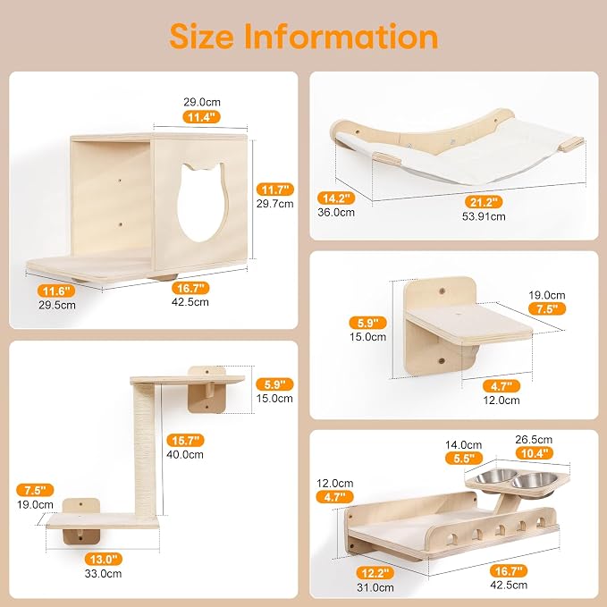 8-in-1 Cat Wall Shelves for Large Cats, Wall Mounted Cat Furniture with Feeding Station&Extra Wide Hammock, Heavy Duty Cat Climber for Indoor Cats to Sleep Play & Eat, 44lbs Capacity, Wood