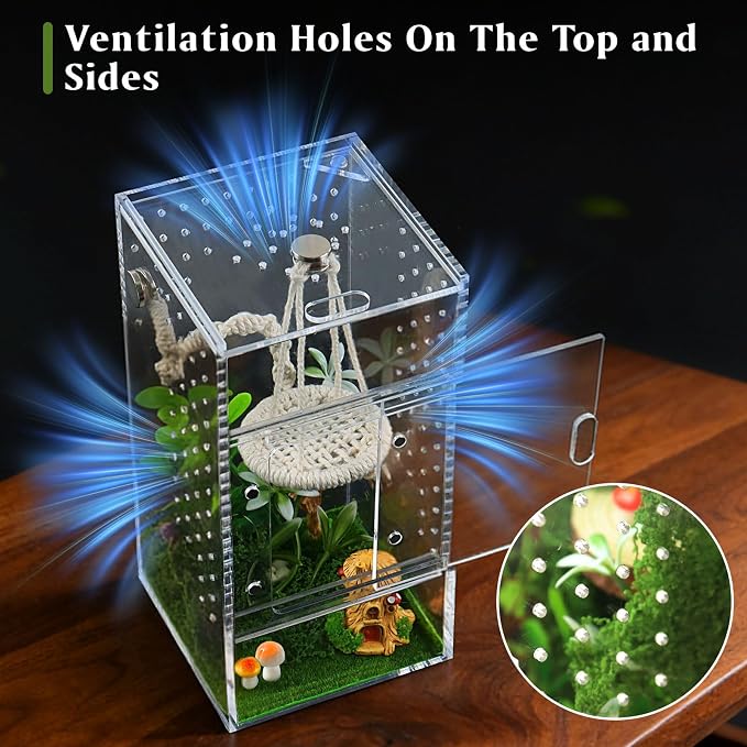 Jumping Spider Enclosure Kit, Small Acrylic Reptile Terrarium with Magnetic Door, Bug Habitat with 30 Pcs Jumping Spider Accessories for Tarantula, Mantis, Small Reptiles, 4" x 4" x 8"