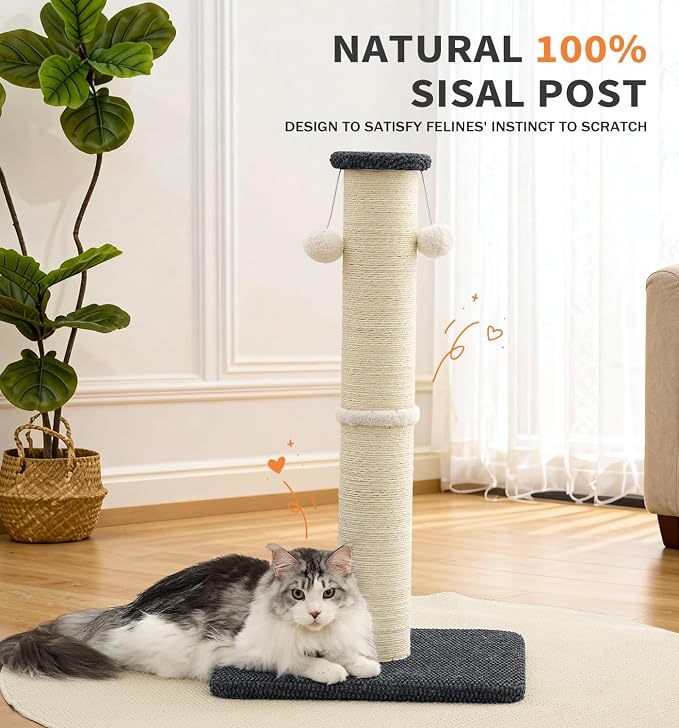 Made4Pets Tall Cat Scratching Post, 23.6" Natural Sisal Cat Scratcher with Hanging Balls, Heavy Duty and Thicker Scratching Post for Indoor Cats Adults, Sturdy Base Cat Scratch Post, Dark Grey