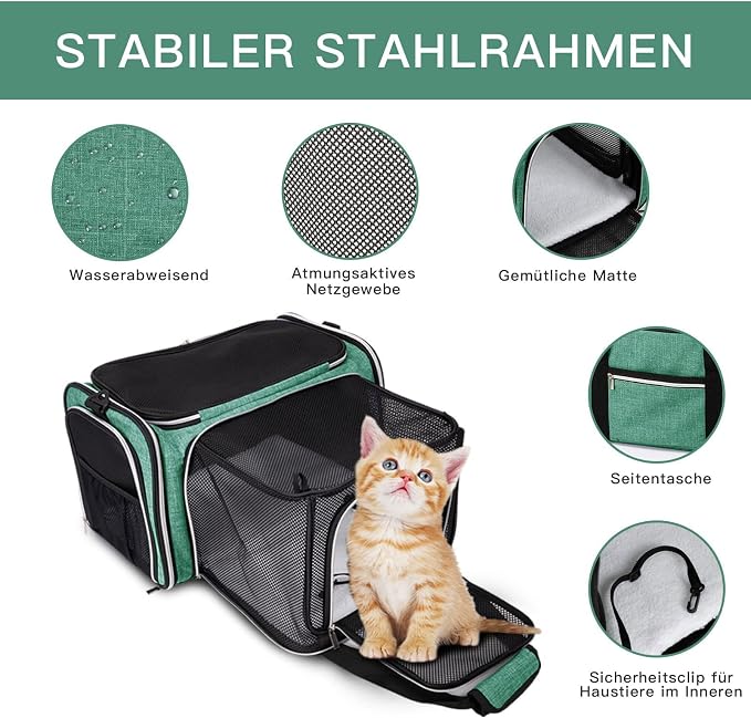 BAGLHER Expandable Cat Carrier with Travel Litter Box, Pet Travel 5 Sides Open Doors 3 Sides, Leak-Proof and Collapsible, for Car, Airplane Trip, Green