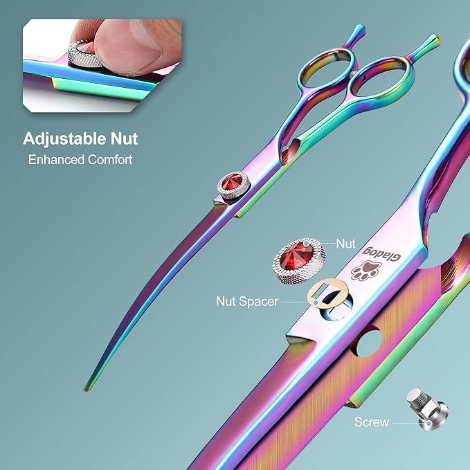 GLADOG Pro Rainbow 7 Inch Professional Pet Grooming Scissors Kit, 6-in-1 Dog Scissors, Titanium Coated, Stainless Steel, Right Handed, 5 Count