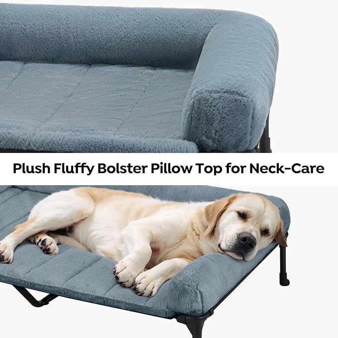 Veehoo Elevated Dog Beds Large Sized Dog with Fluffy Plush Bolster Cushion | Orthopedic Raised Dog Beds for Indoor Outdoor, Soft Pet Sofa Cot with Removable Washable Mat, No-Slip Feet, 49" x 33", Blue