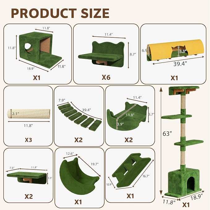 Cat Wall Furniture, 26 in 1 Cat Shelves w/Cat Tree, Tunnel, Green | Wall Mounted Cats Furniture Set w/Plush Fabric, Cat Climbing Systems for 16 Inch Drywall, with Scratching Posts, Bridge, Moon