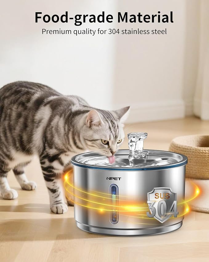 NPET Stainless Steel Cat Water Fountain, 1Gallon/135oz Automatic Pet Drinking Fountain Dog Water Dispenser with 3 Replacement Filters for Cats Indoor