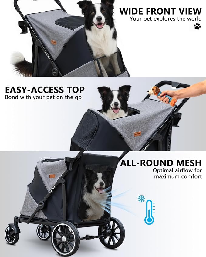 Dog Stroller for Large & Medium Dogs, Pet Stroller for 2 Dogs | 360° Wear-Resistant Wheels • Foldable Design • Breathable Mesh Windows • Heavy-Duty Construction • Fits 2 Dogs