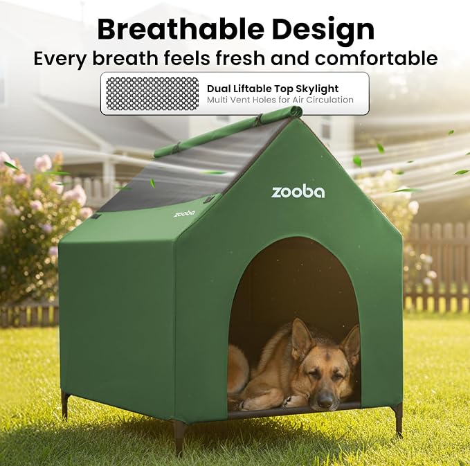Zooba 29in Medium Dog House Outdoor, Elevated Dog Bed with Canopy, Green | Weather-resistant 600D PVC canopy, breathable 2x1 Textilene elevated bed, steel frame; indoor or outdoor; easy to clean