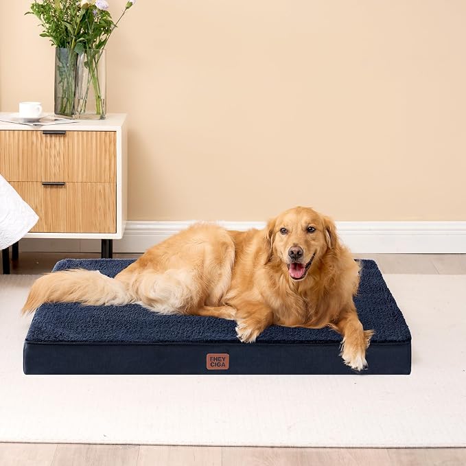 EHEYCIGA Orthopedic Dog Bed Large with Removable Washable Cover, 47IN Navy | Egg Crate Foam Support,Durable Oxford fabric,Non-Slip Bottom,Machine Washable,Soft Waterproof Plush Pet Bed Mat For Crate
