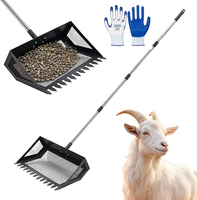 Goat Pooper Scooper & Manure Rake, Heavy Duty Metal Sifter Shovel with Adjustable Long Handle, Specially Designed for Goat Stall Cleaning, Farm Livestock Waste Pickup Tool with Gloves (40–71")