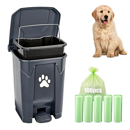Dog Poop Trash Can for Outdoors, Dog Waste Trash Can for Yard Garden Home with Lid Removable Inner Bin, 100PCS Green Waste Bag, Grey Fully Assembled