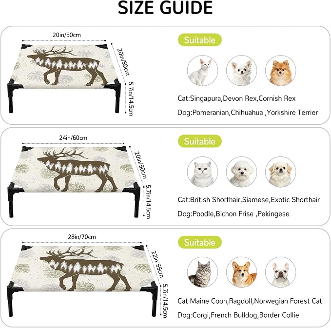 Outdoor Elevated Dog Bed for Large Dogs, Brown Moose Breathable Cooling Raised Dog Cot for Indoor/Outdoor, Trees Pine Cones Elegant Pastoral Waterproof Elevated Pet Beds, L 28 x 22 in