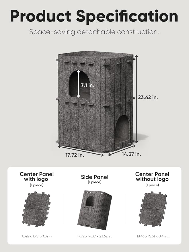 FUKUMARU Cat House for Indoor Cats, Warm Felt Cat Bed, Scratch Resistant | Large Cat Bed Cave, 3-in-1 Cat Condo, Cozy Felt Covered Cats Tunnel, 23.62 Inch Kitten Hideaway for Multicats, Dark Grey