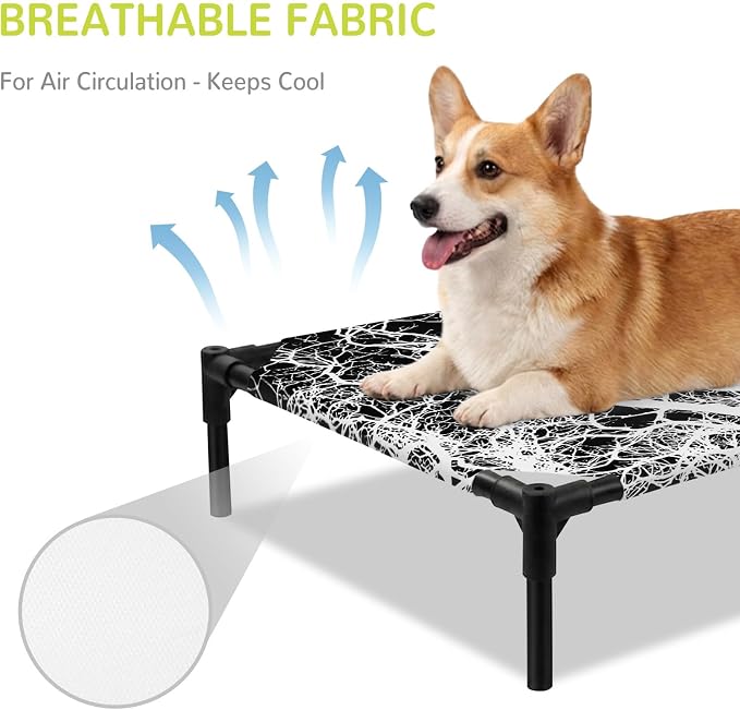 Outdoor Elevated Dog Bed for Medium Dogs, Modern Tree Branches Breathable Cooling Raised Dog Cot for Indoor/Outdoor, Contemporary Black Botanical Waterproof Elevated Pet Beds, M 24 x 20 in