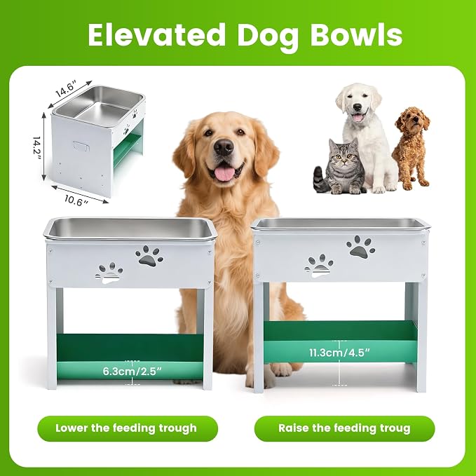 3 Gal Large Dog Water Bowl Elevated 14.2" Outdoor Stainless Steel Pet Water Food Bowl Adjustable Raised Metal Dog Bowl Stand Dish Plate for Cat, Big, Extra Large Breeds, Easy to Clean