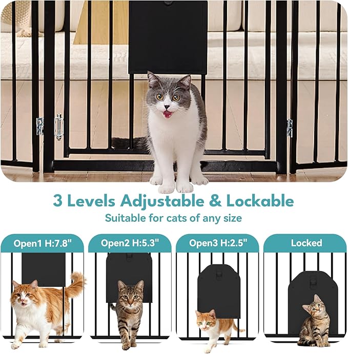 No Pawblems Dog Gate with Cat Door, Free Standing 30'' Tall Foldable Dog Fence for Indoor & Outdoor, Up to 78 Inch Extra Wide Puppy Gate for Stairs, Hallways, Doorways, Deck, Yard (Black, 3 Panels)