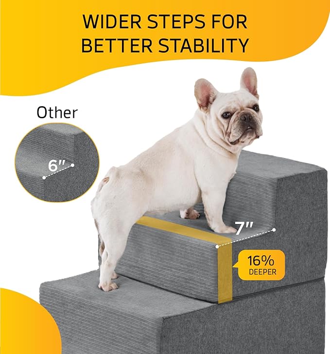 Dog Stairs for Small Dog Steps for Bed Ramps Stairs Extra Wide Steps for Bed Foam Stairs for Couch Sofa 35D Strong Support Pet Stairs Non-Slip Bottom Pet Steps to Get on Bed, Grey, 3 Steps