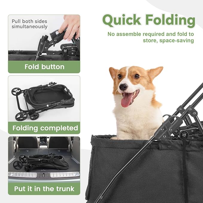20% Larger Capacity, Wedyvko Dog Stroller for Medium/Small Pets w/Dog Poop Bags & Dispenser, Storage Pouch, Zipperless, Entry in/Out Easy (Black)