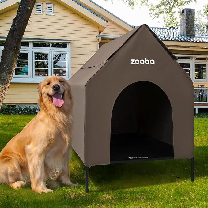 Zooba 36in Large Dog House Outdoor, Elevated Dog Bed with Canopy, Brown | Weather-resistant 600D PVC canopy, breathable 2x1 Textilene elevated bed, steel frame; indoor or outdoor; easy to clean